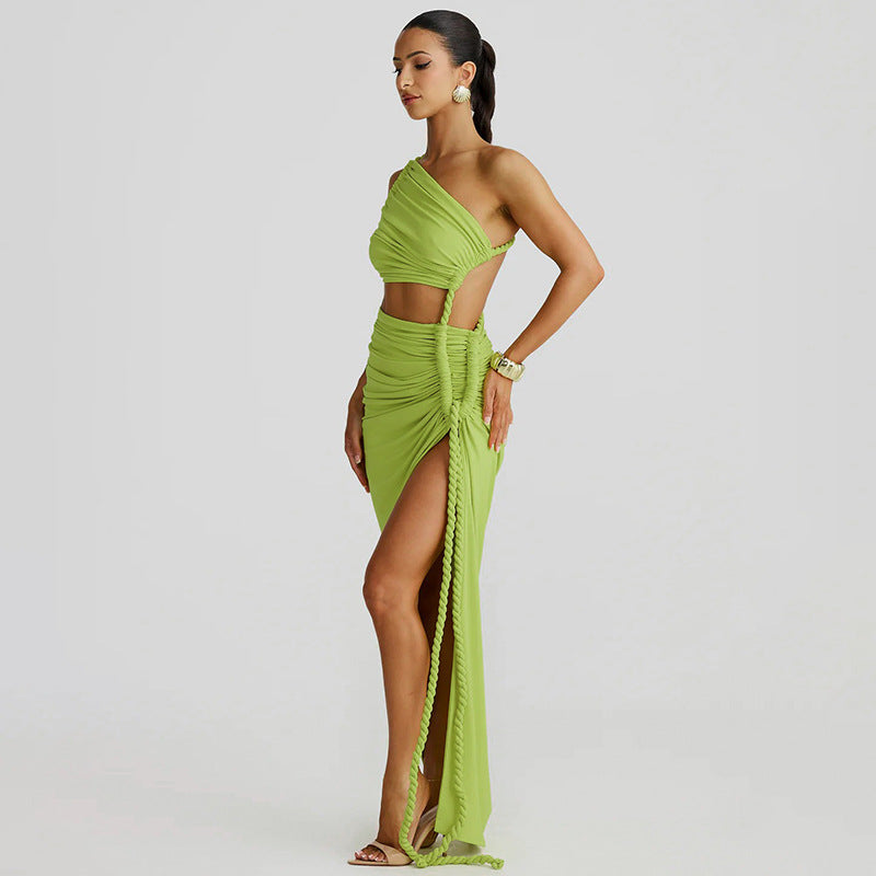 One Shoulder Ruched Cut Out High Split Maxi Dress 27
