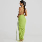 One Shoulder Ruched Cut Out High Split Maxi Dress 28