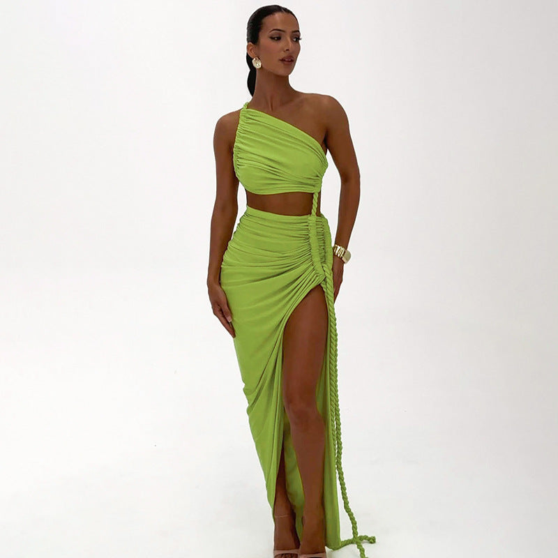 One Shoulder Ruched Cut Out High Split Maxi Dress 30