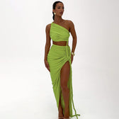 One Shoulder Ruched Cut Out High Split Maxi Dress 30