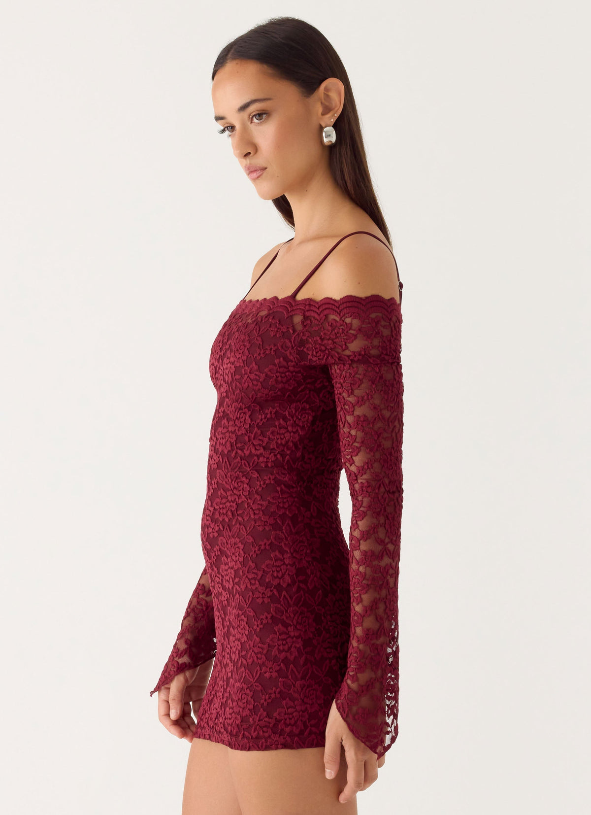 Lace Off Shoulder Long Bell Sleeve Bodycon Mini Dress 4