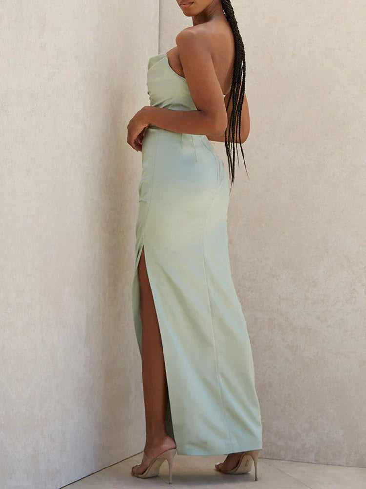 Satin Strapless Cowl Neck Ruched High Split Maxi Dress
