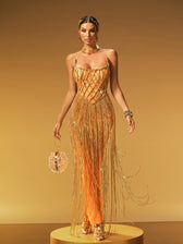 Strapless Chain Fringe Mesh Maxi Dress