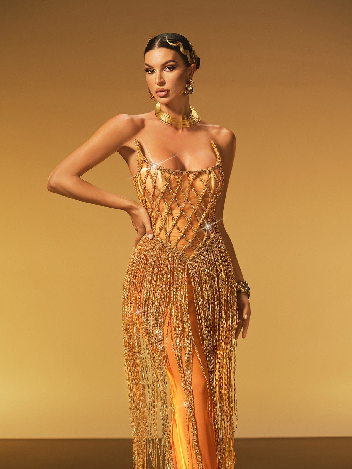 Strapless Chain Fringe Mesh Maxi Dress - View 5