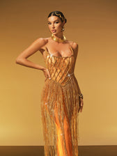 Strapless Chain Fringe Mesh Maxi Dress - View 5