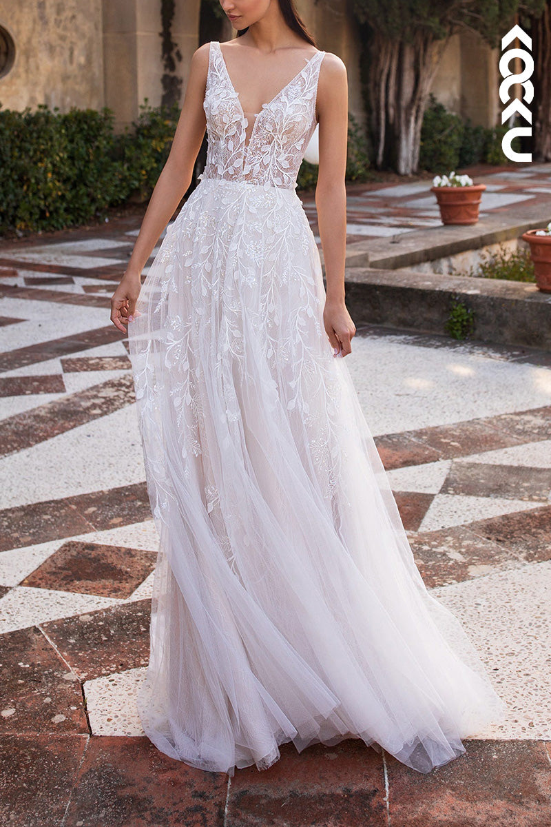 K1501 - Low V-Neck Sleeveless Appliqued Sheer Tulle A-Line Long Wedding Dress
