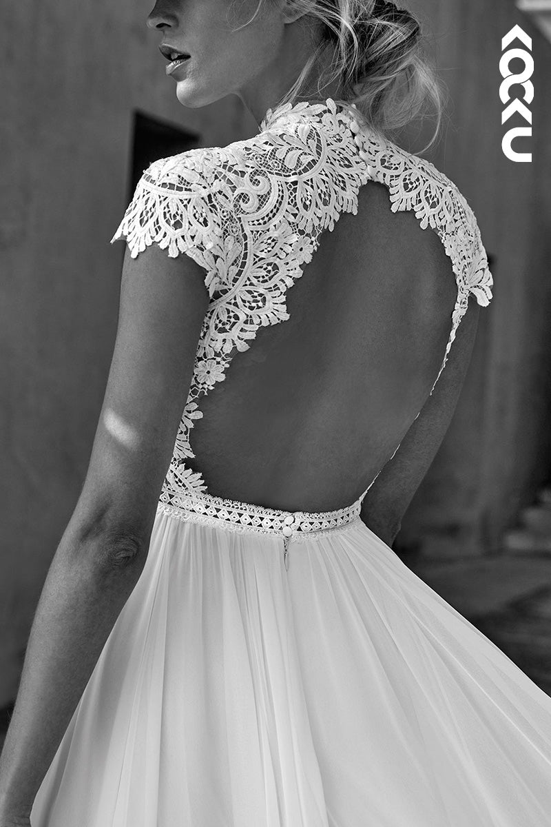 K1504 - High Neck Short Sleeves Lace Ruched Chiffon A-Line Long Wedding Dress