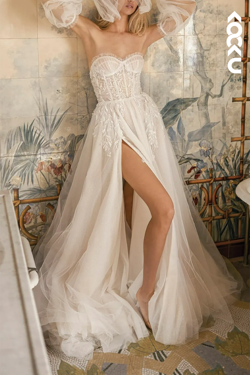 K1577 - Sweetheart Strapless Appliqued Ruched Tulle A-Line Long Wedding Dress