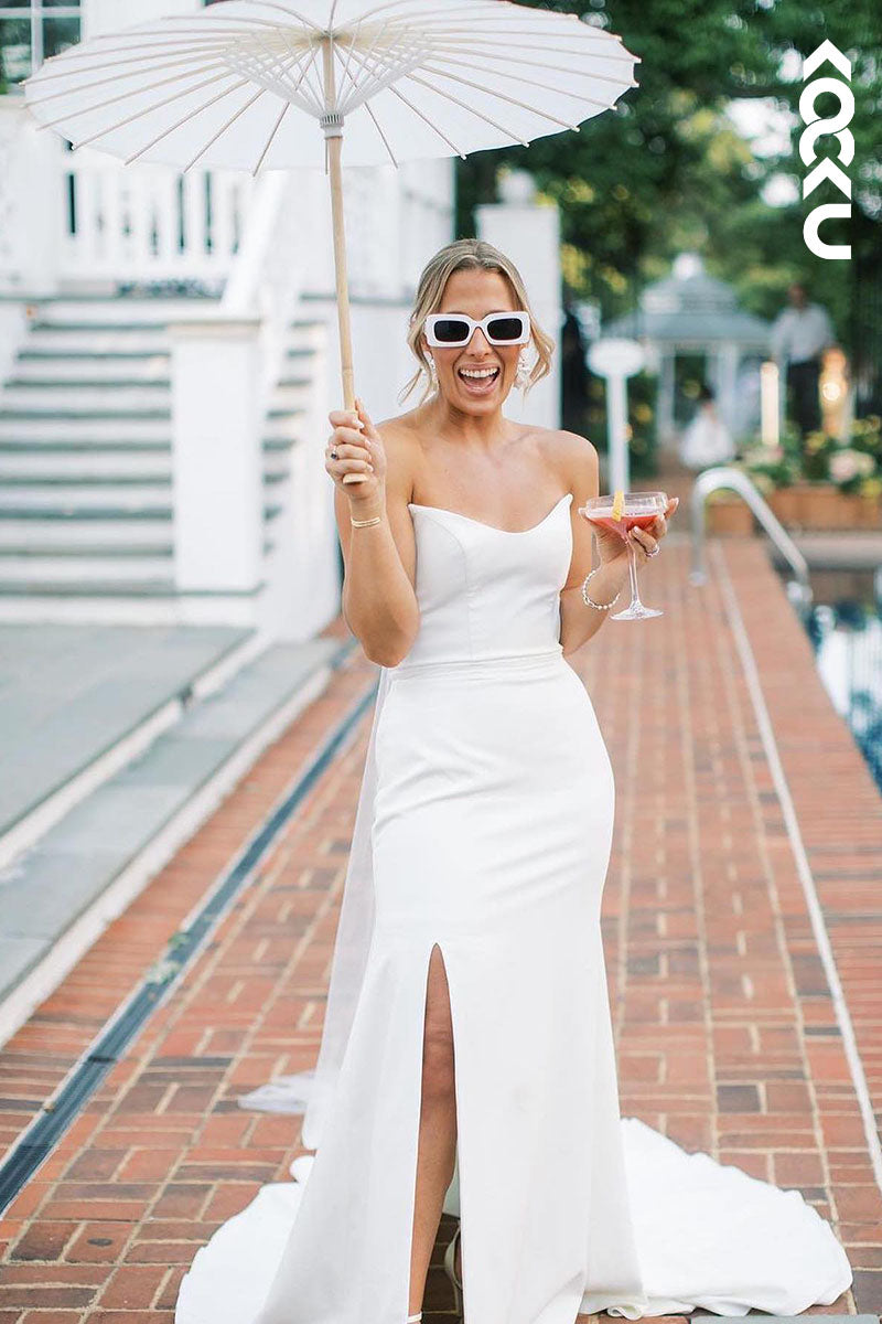 K1596 - V-Neck Strapless Sleeveless Satin Sheath Long Wedding Dress With Slit