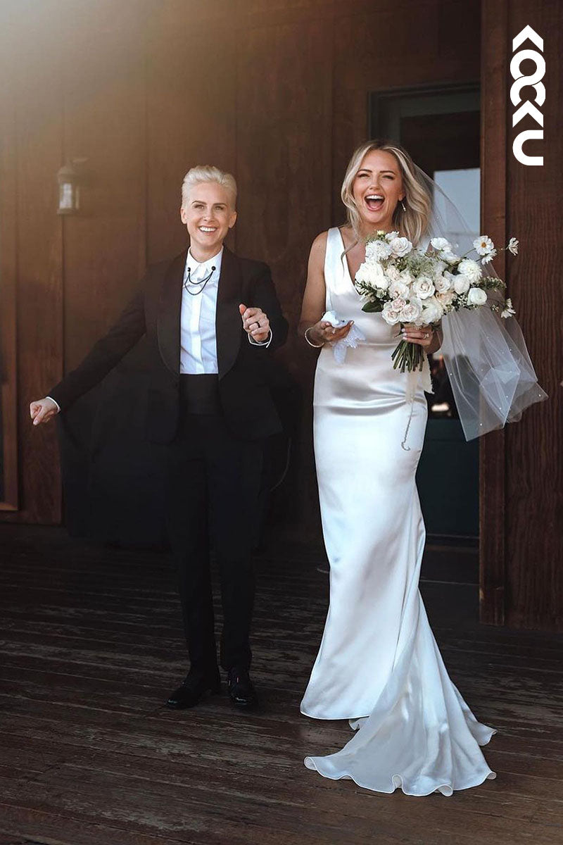 K1598 - Simple V-Neck Sleeveless Satin Sheath Long Wedding Dress With Sweep Train