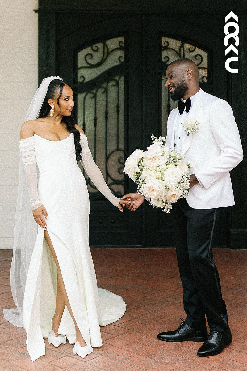 K1599 - Off-Shoulder Long Sleeves Beaded Tulle Satin Sheath Long Wedding Dress