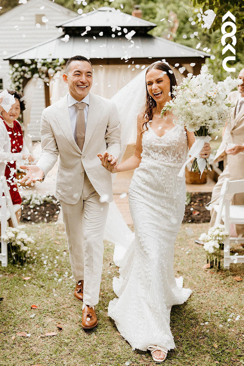 K1603 - V-Neck Sleeveless Appliqued Sheer Lace Sheath Long Wedding Dress