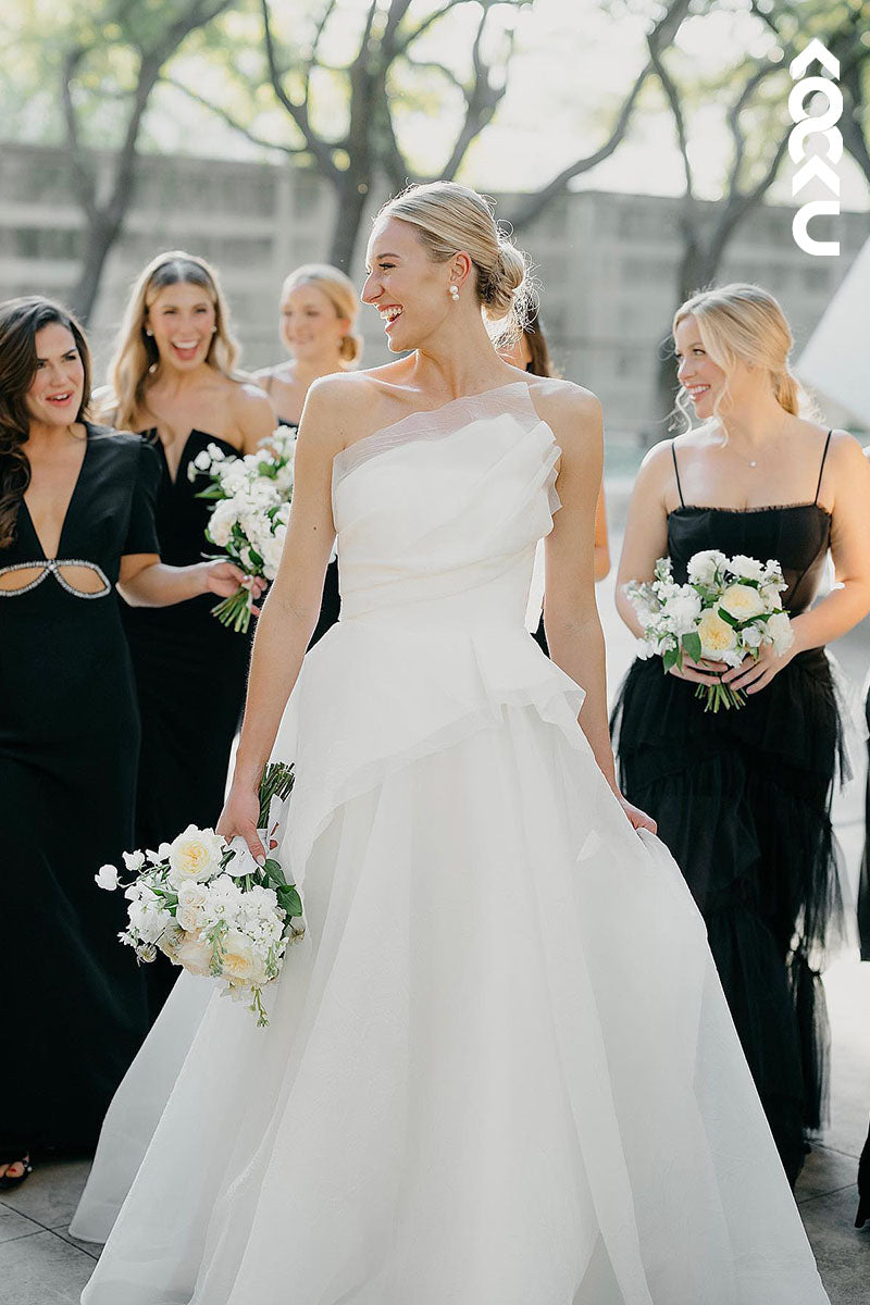 K1605 - Strapless Sleeveless Ruched Tulle Satin A-Line Long Wedding Dress