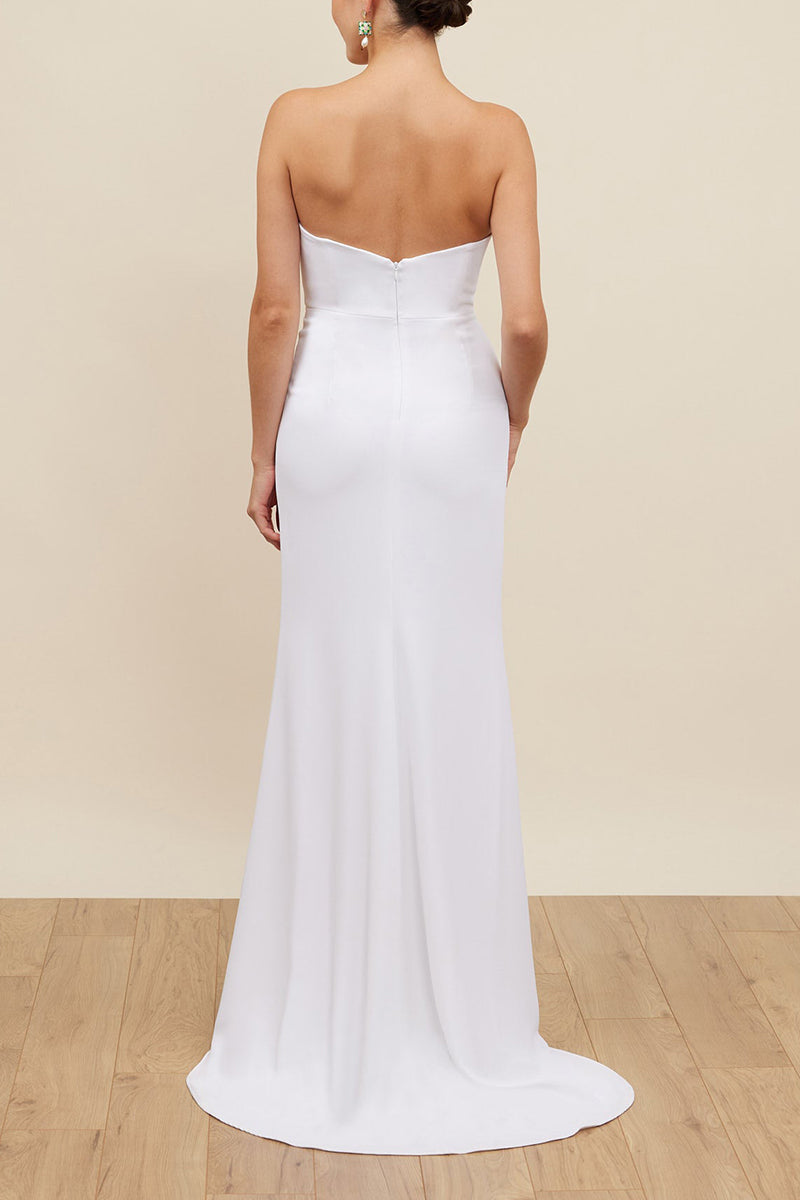 K1668 - Simple V-Neck Strapless Sleeveless Satin Sheath Long Wedding Dress