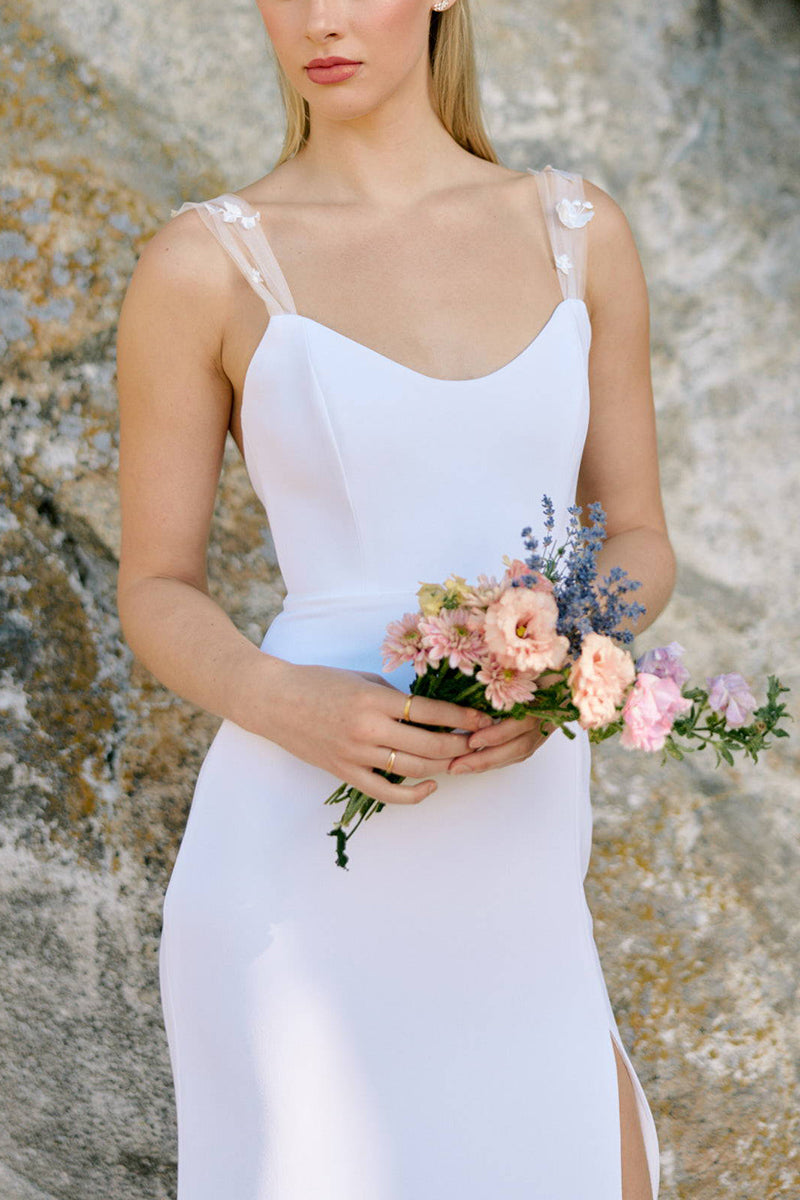 K1672 - Square Neck Sleeveless Lace Satin Sheath Satin Long Wedding Dress With Slit