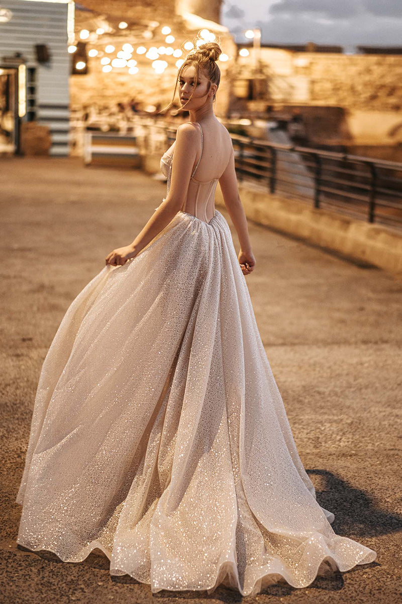 K1777 - Sweetheart Spaghetti Straps Appliqued Sequined A-Line Long Wedding Dress