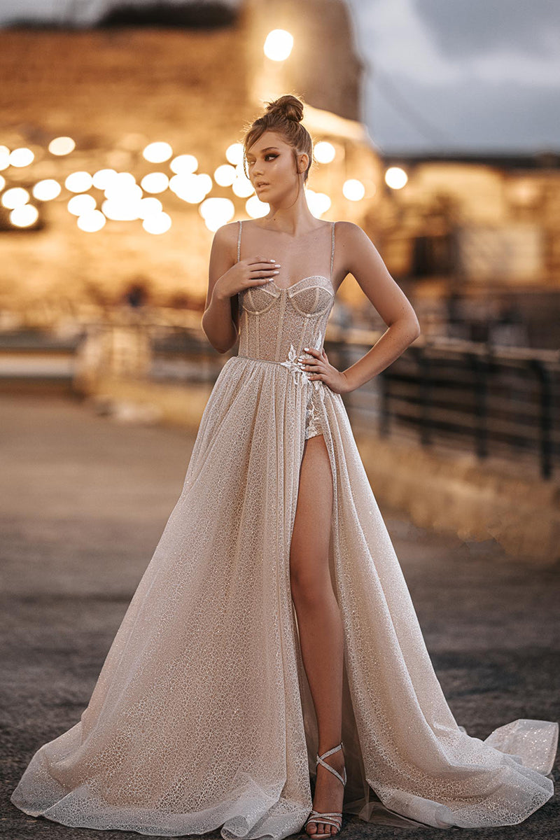 K1777 - Sweetheart Spaghetti Straps Appliqued Sequined A-Line Long Wedding Dress