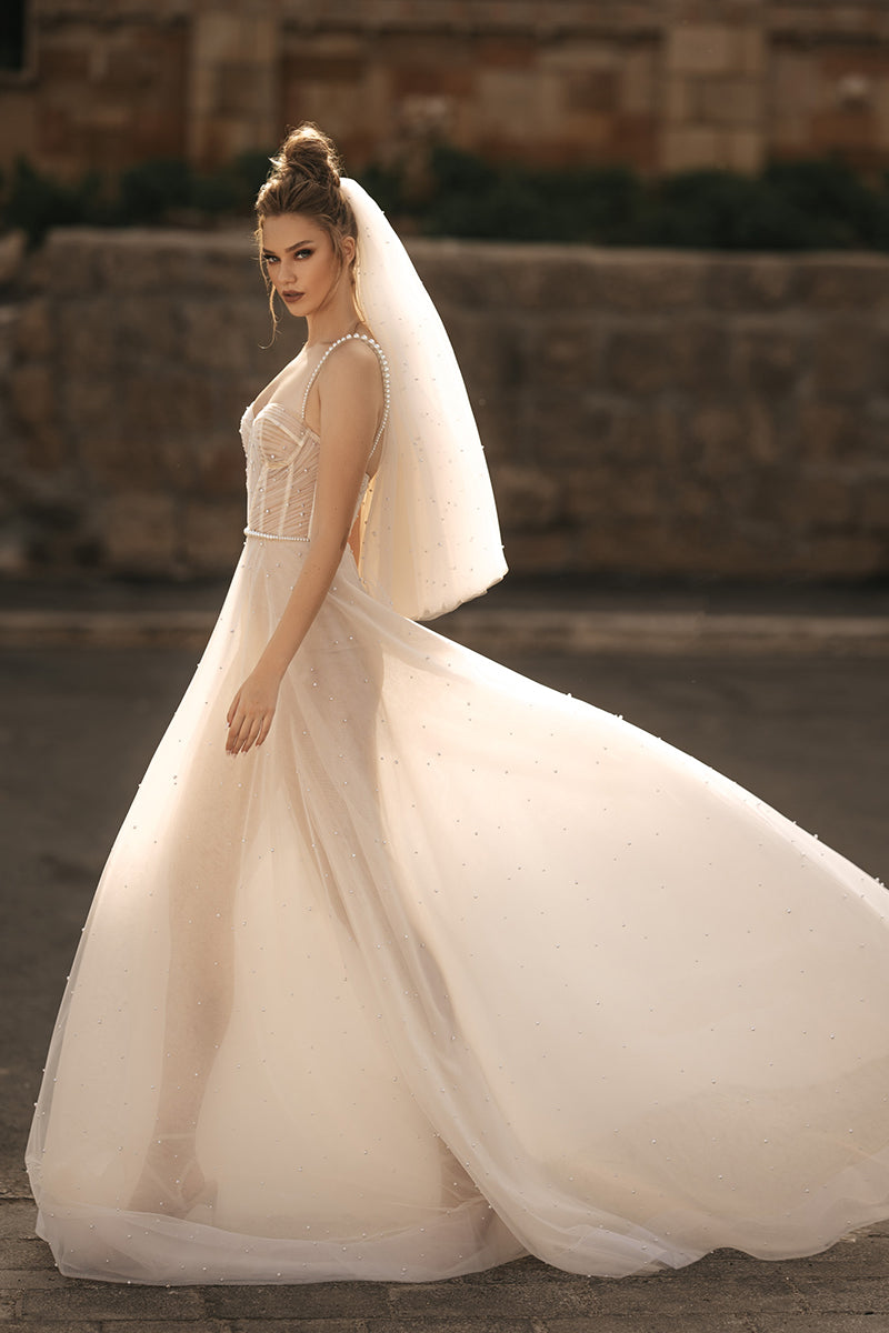 K1780 - Sweetheart Beaded Ruched Sheer Tulle Mermaid Long Wedding Dress