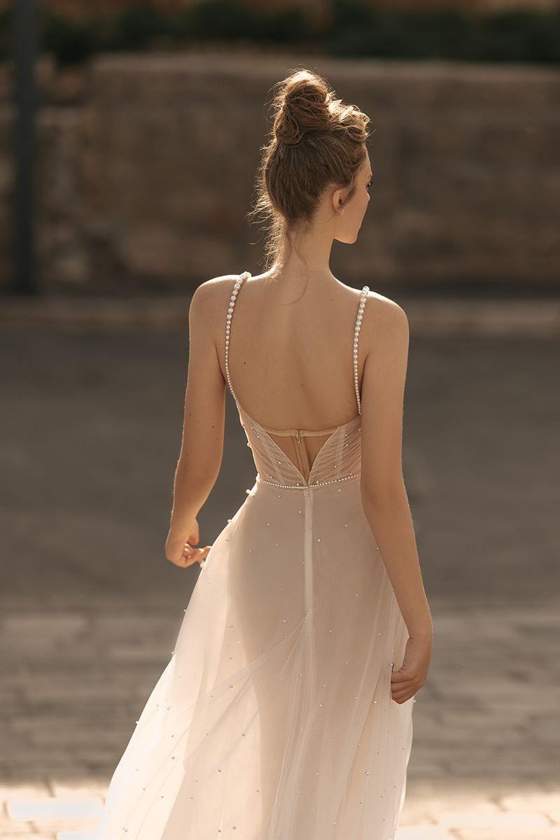 K1780 - Sweetheart Beaded Ruched Sheer Tulle Mermaid Long Wedding Dress