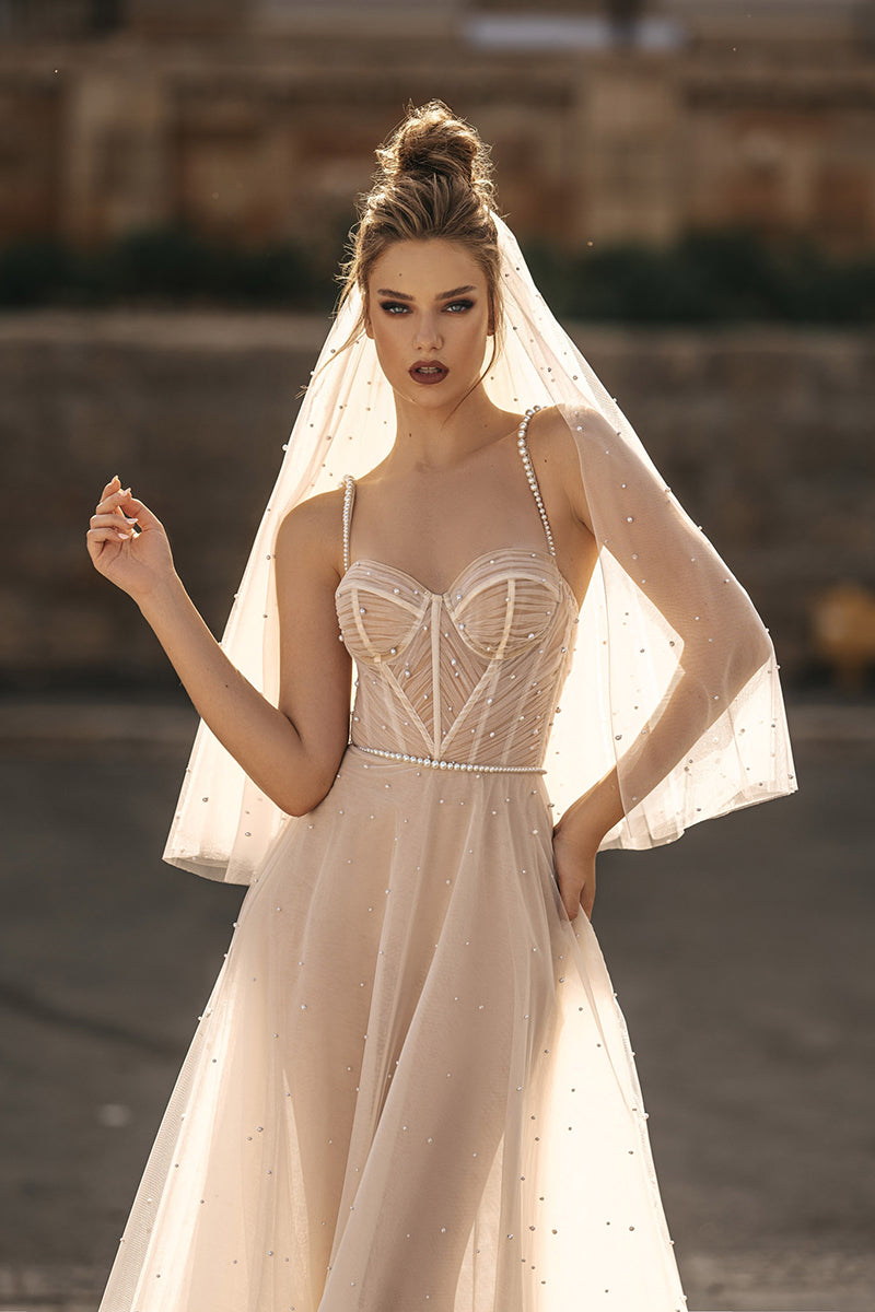 K1780 - Sweetheart Beaded Ruched Sheer Tulle Mermaid Long Wedding Dress