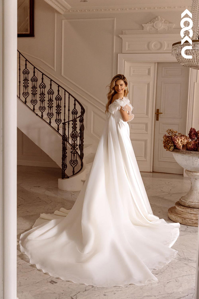 K1782 - Off-Shoulder Strapless Floral Appliqued Tulle Satin A-Line Long Wedding Gown