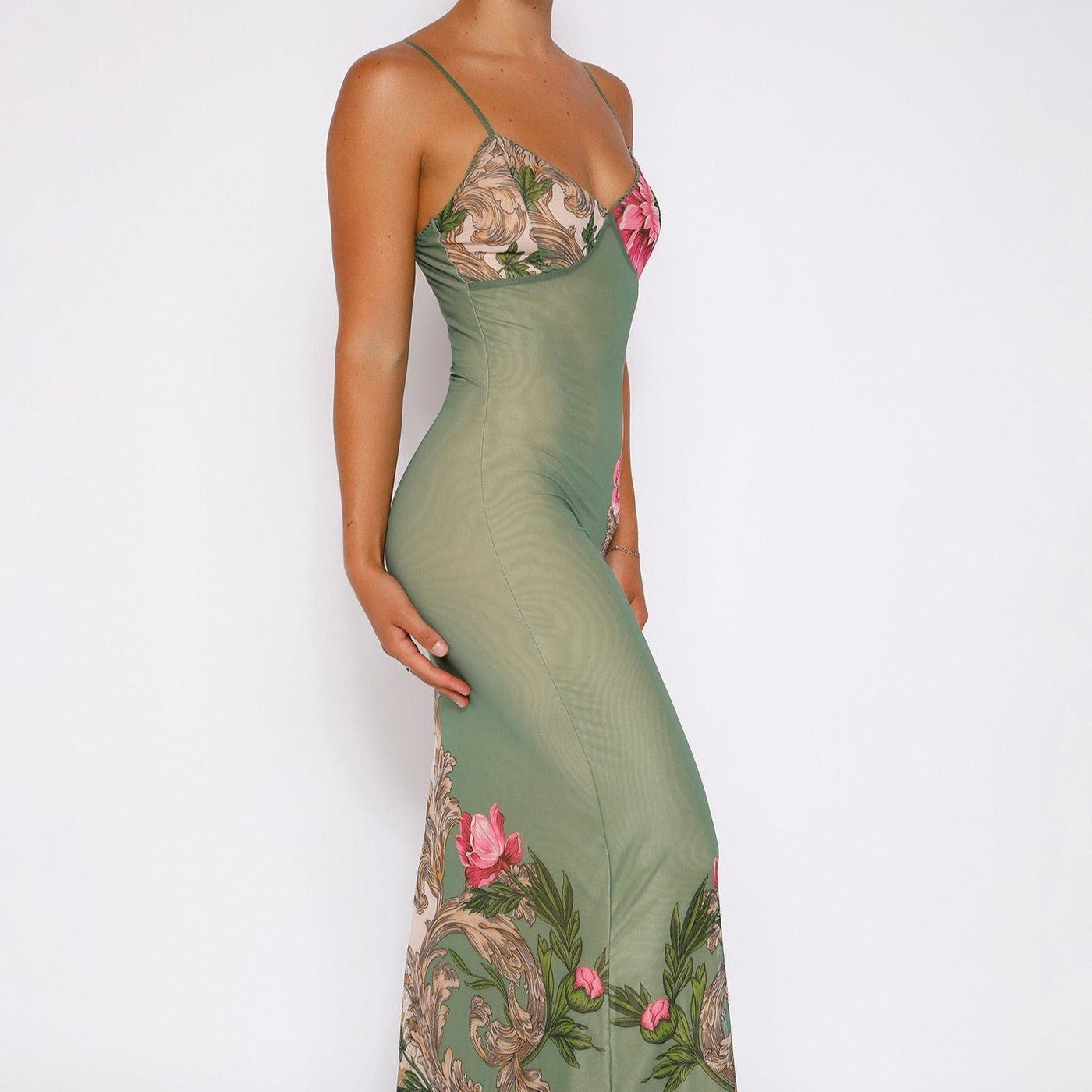 Floral Mesh V-Neck Spaghetti Strap Bodycon Maxi Dress 2
