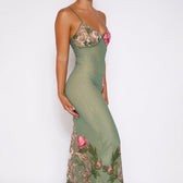 Floral Mesh V-Neck Spaghetti Strap Bodycon Maxi Dress 2