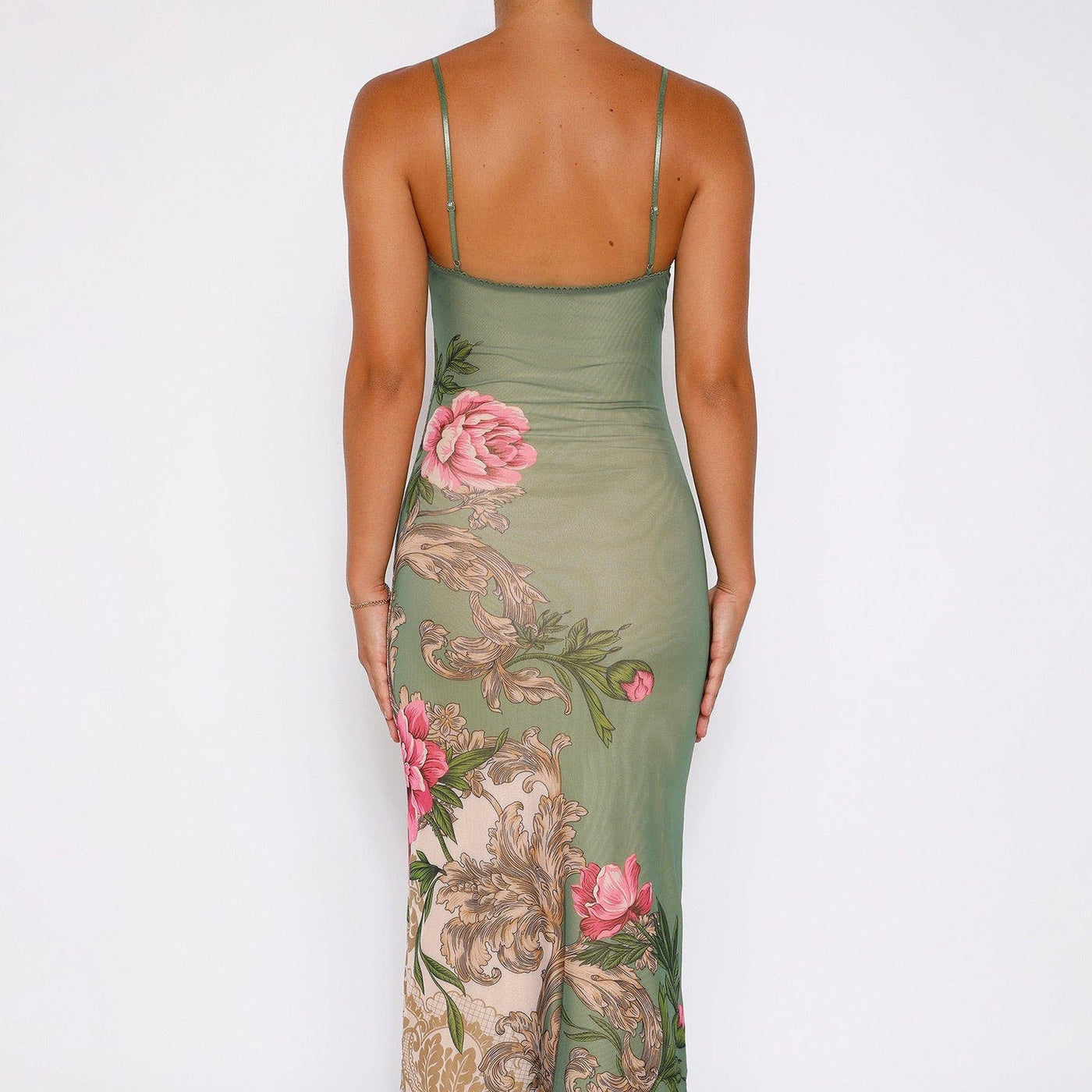 Floral Mesh V-Neck Spaghetti Strap Bodycon Maxi Dress 3