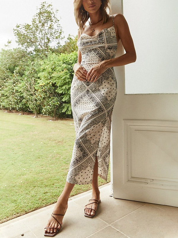 Bandana Print Cowl Neck Spaghetti Strap Front Split Midi Dress 2