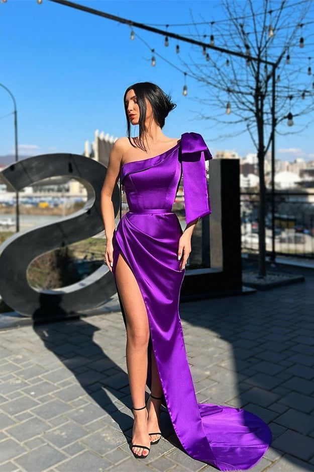 Purple One Shoulder Long Prom Dress With Slit cc1033
