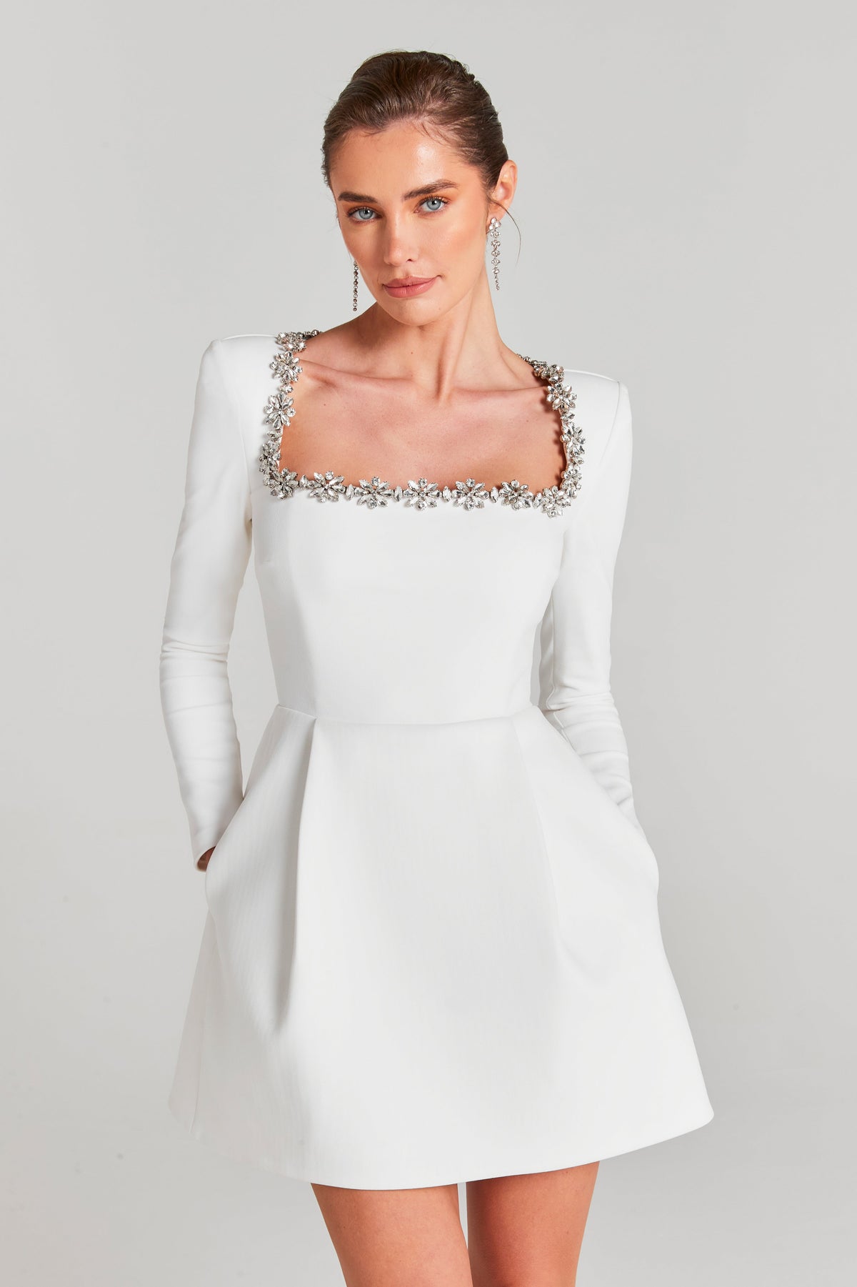 Velvet Square Neck Long Sleeve Rhinestone Trim Mini Dress 6