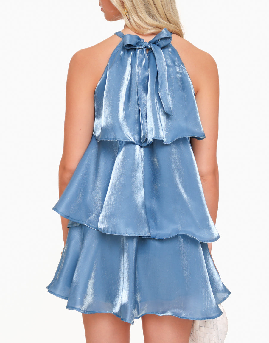 Metallic Satin Halter Neck Sleeveless Tiered Ruffle Mini Dress 3
