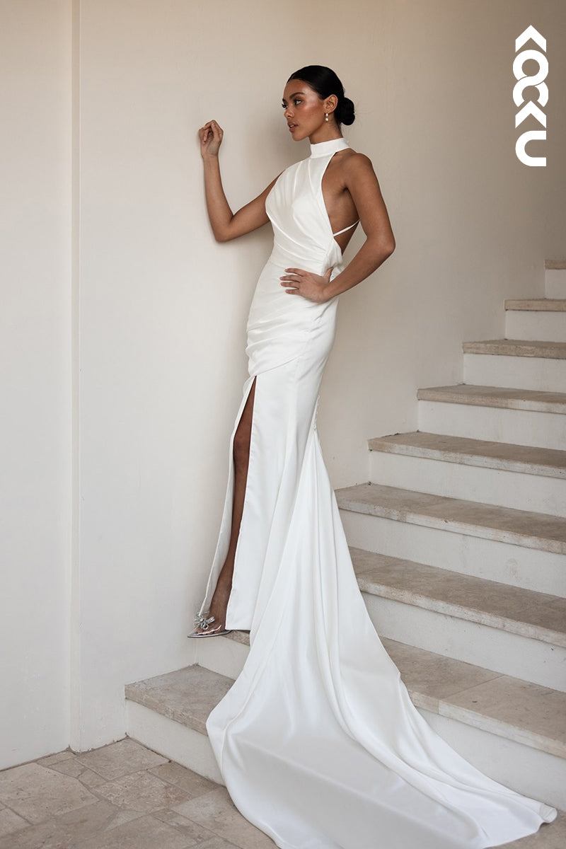 K1929 - Chic & Modern Sheath Halter High Side Slit Criss-Cross Straps Boho Wedding Dress With Sweep Train