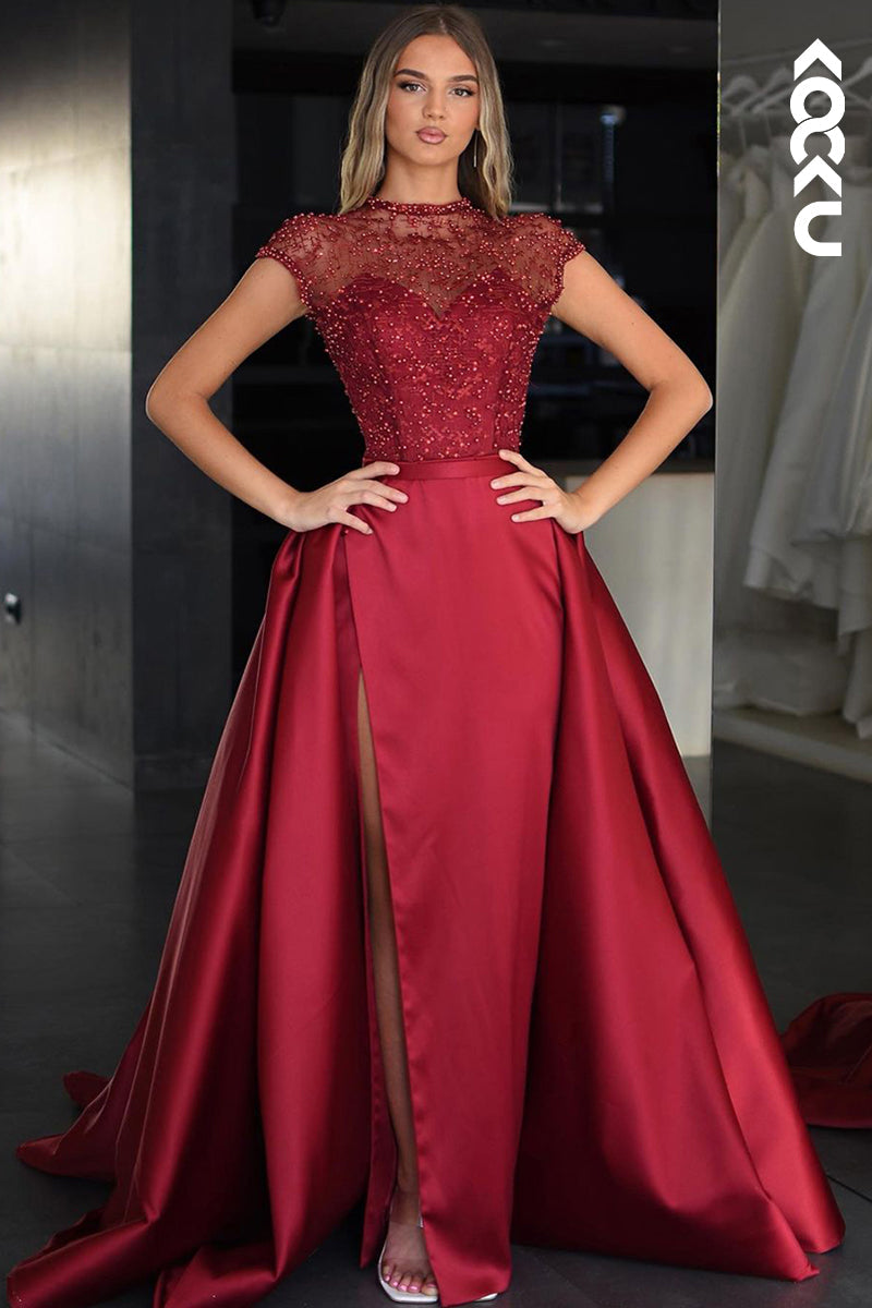 L2541 - Chic & Modern Sheath Scoop Illusion Beaded and Draped Formal Evening Party Prom Dress with High Side Slit and Overlay
