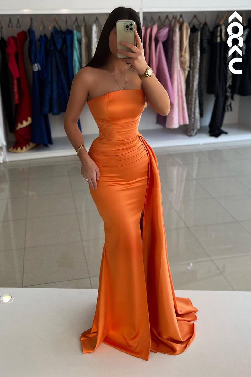 L2545 - Chic & Modern Sheath Strapless Draped Eevning Gown Prom Dress with Side Slit and Overlay