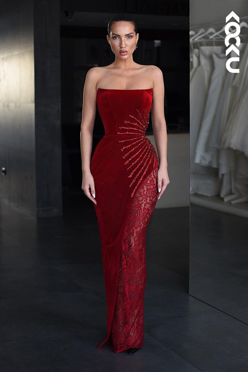 L2539 - Chic & Modern Sheath Strapless Sequined and Beaded Evening Party Prom Dress with Lace and Slit