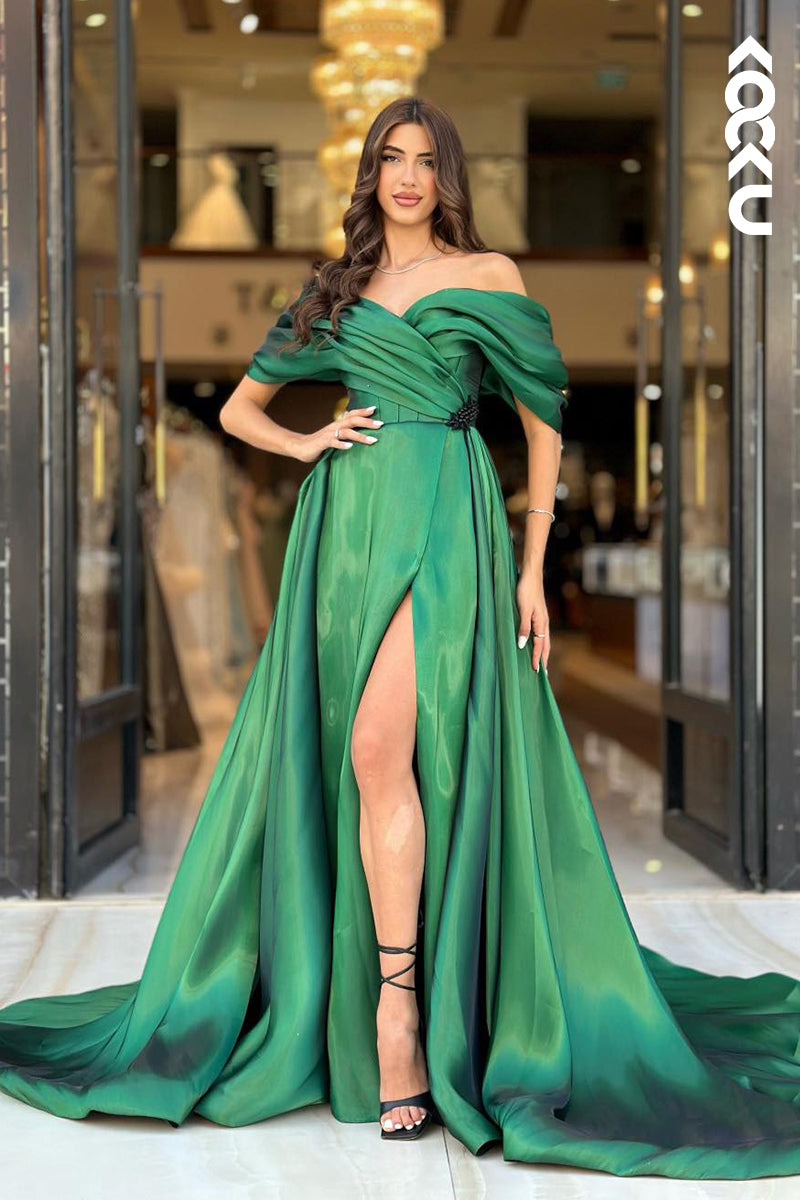 L2538  - Classic & Timeless A-Line Off Shoulder Beaded and Draped Formal Party Prom Dress with High Side Slit and Sweep Train