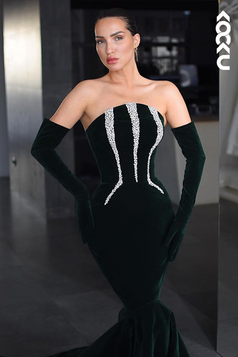 L2543 - Sexy & Hot Mermaid Strapless Beaded and Draped Evening Gown Prom Dress with Long Gloves