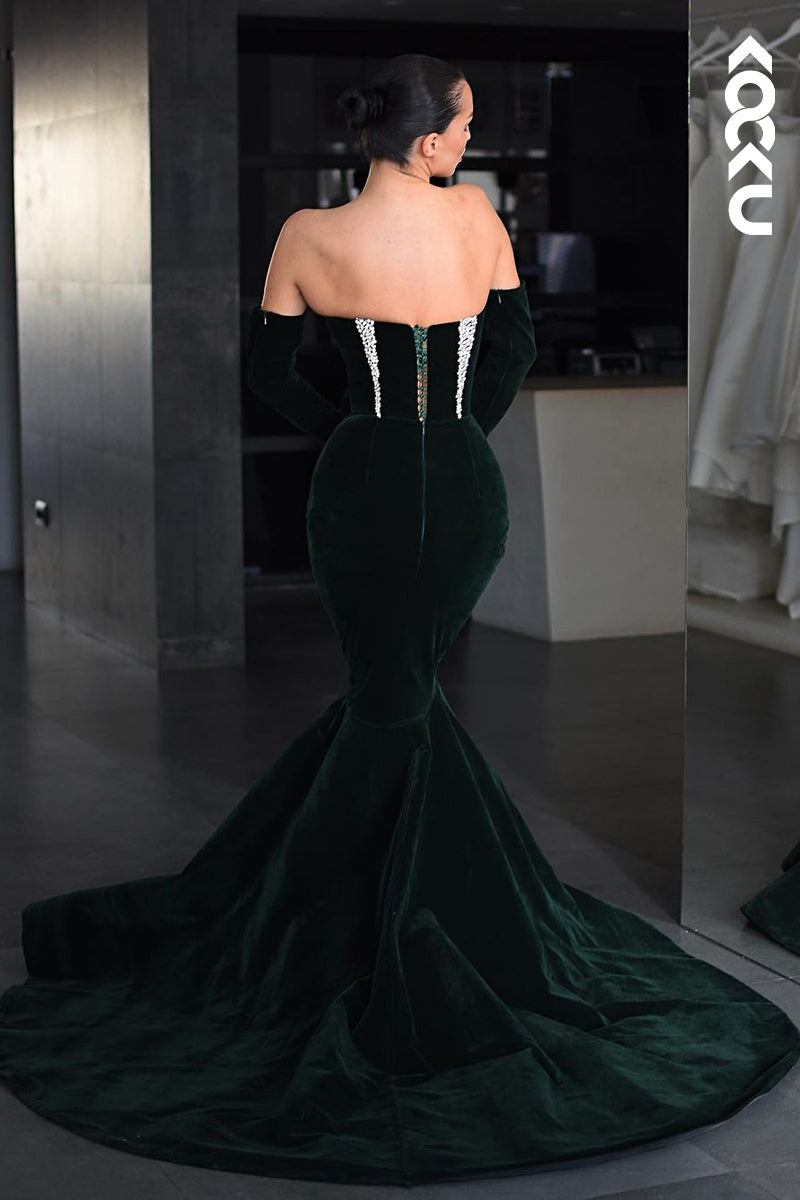 L2543 - Sexy & Hot Mermaid Strapless Beaded and Draped Evening Gown Prom Dress with Long Gloves