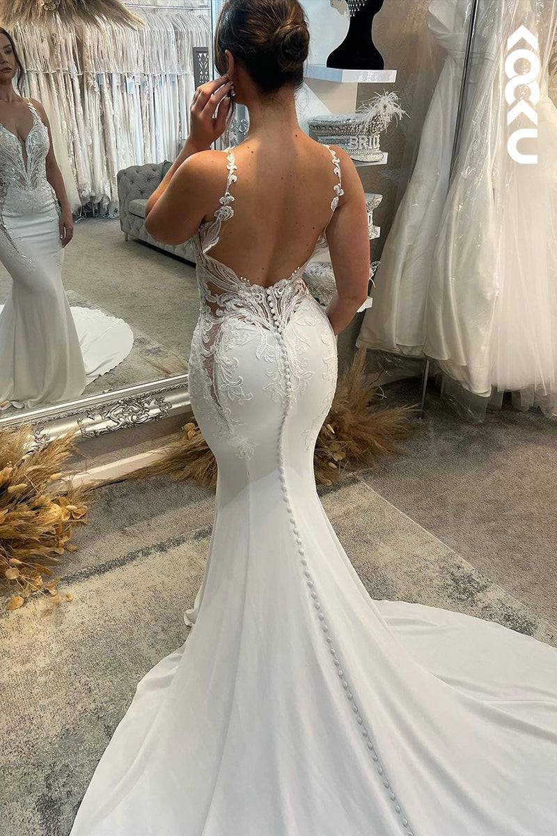 K1920 - Sexy & Hot Mermaid V-Neck Straps Floral Appliques Satin Wedding Dress With Court Train