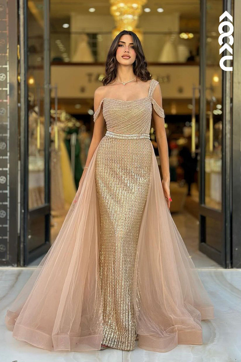 L2536  - Sexy & Hot Sheath Asymmetrical Fully Beaded Evening Gown Prom Dress with Overlay