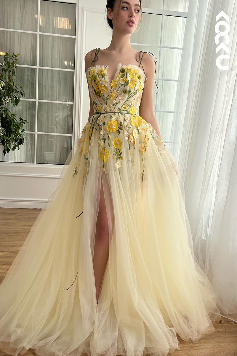 L2740 - Glamorous & Dramatic Spaghetti Straps A-Line Tulle Formal Prom Dress With Flower