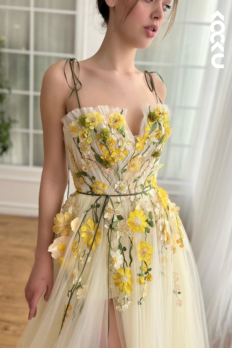 L2740 - Glamorous & Dramatic Spaghetti Straps A-Line Tulle Formal Prom Dress With Flower