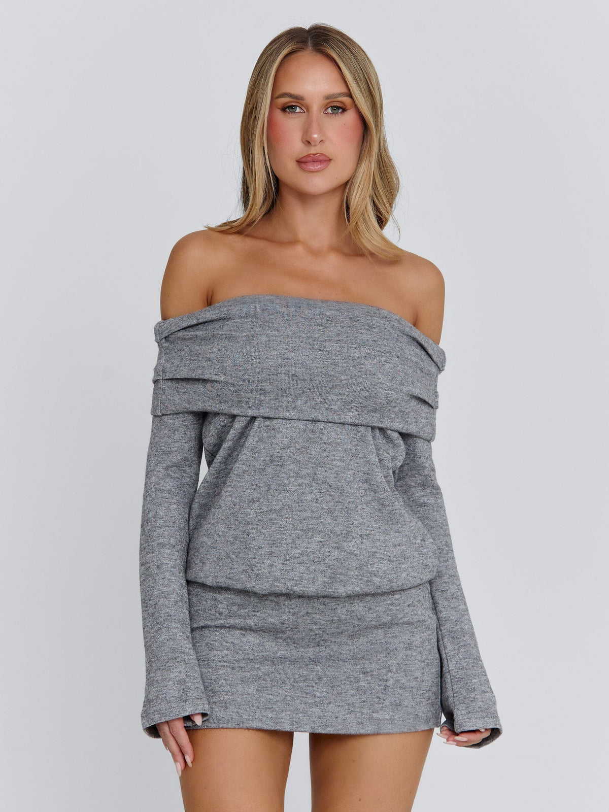 Knit Fold Over Off Shoulder Long Sleeve Mini Dress 5