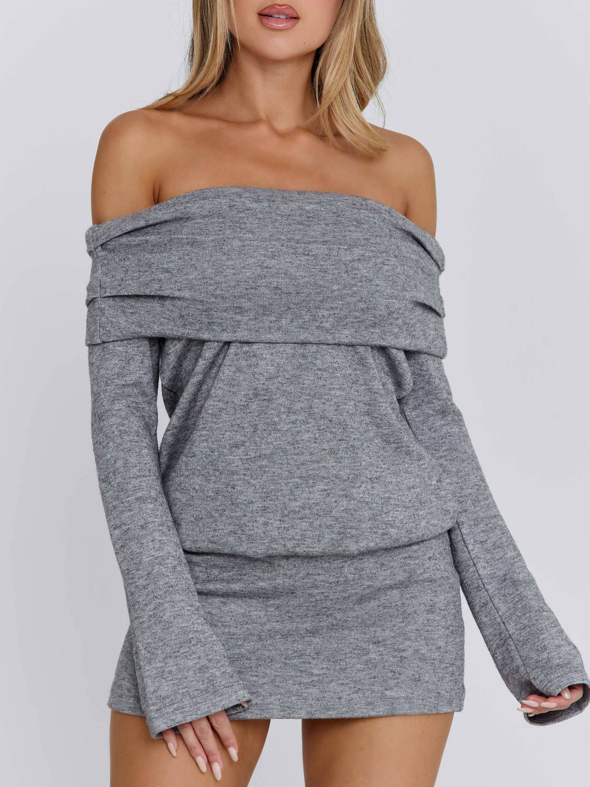 Knit Fold Over Off Shoulder Long Sleeve Mini Dress 3
