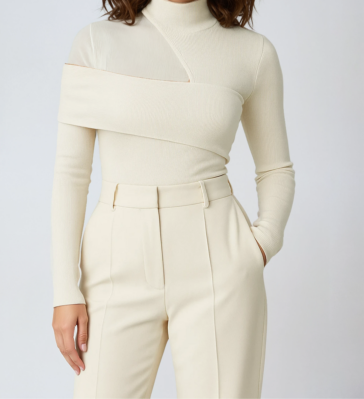 Asymmetric Wrap Turtleneck Long Sleeve Ribbed Knit Top