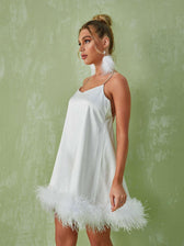 Kamaria Spaghetti Feather Mini Dress In White 4