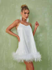 Kamaria Spaghetti Feather Mini Dress In White 2