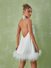 Kamaria Spaghetti Feather Mini Dress In White 5