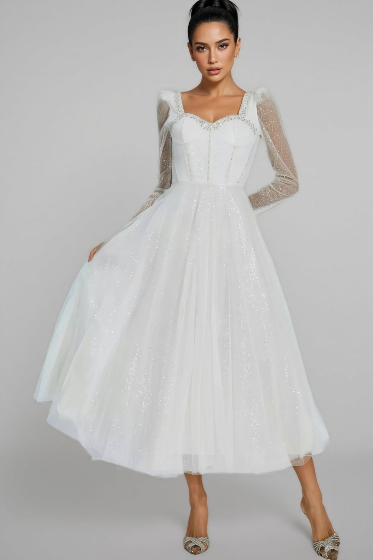 Sequin Tulle Sweetheart Neck Sheer Long Sleeve Corset Bodice A-Line Midi Dress 3